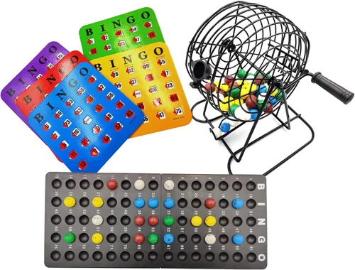 Yuanhe Deluxe Bingo Game Set - 6 Inch Metal Cage with Calling Board, 5 Shutter Slide Cards, 75 Colored Balls, for Large Group Games