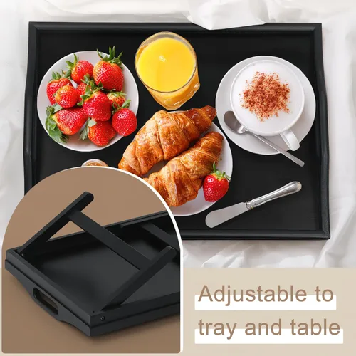 Vista 5 de Paquete de 2 bandejas de cama para mesa de desayuno, bandejas de servir, bandeja de bambú para cama portátil con patas plegables, asas y soportes