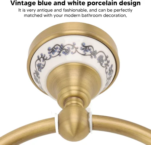 Vista 5 de Bath Towel Ring, Antique Brass Finish Wall Mounted Hand Towel Holder with Blue and White Porcelain Decal Hardware for Bathroom Kitchen