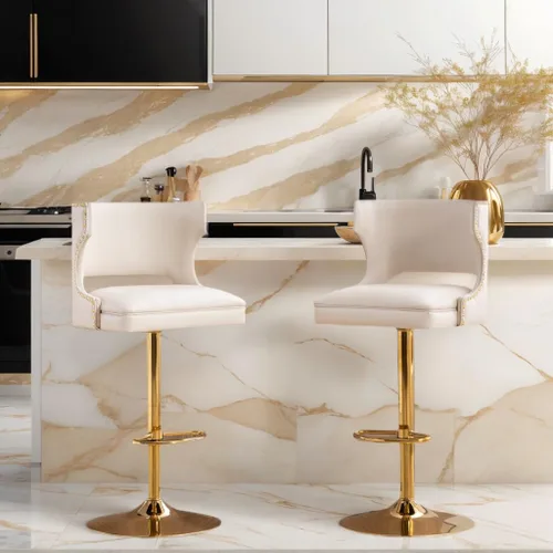 Vista 8 de ROCITY Juego de 2 taburetes de bar color beige con respaldo de piel sintética con base dorada, isla de cocina moderna ajustable para comedor, barra