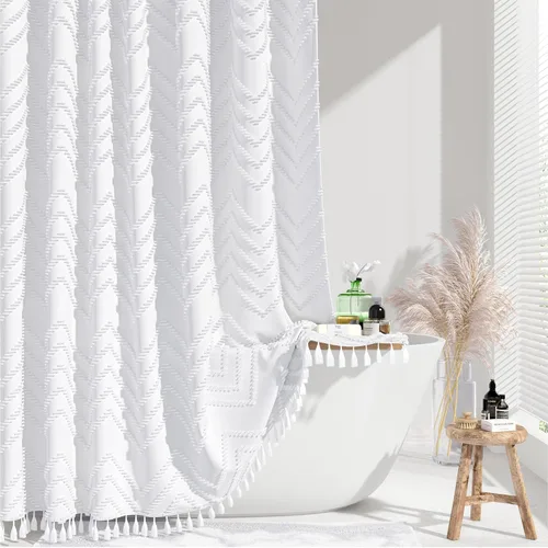 Vista 15 de Dynamene - Cortina de ducha, tela bohemia y rústica con rayas con chebrón en relieve, cortina texturizada para decoración de baño, juego de cortina