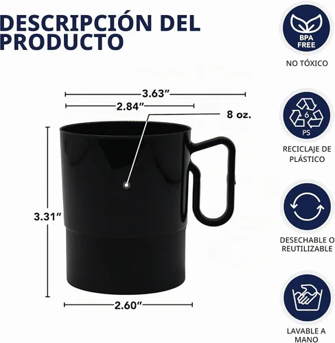 Vista 2 de Party Essentials Taza de café de plástico duro de 8 onzas con asa, 20 unidades, color negro bistró Bistro Negro