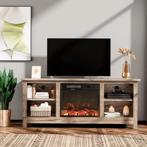 Furniwell Soporte de TV con chimenea para televisores de hasta 65 pulgadas, mesa consola central de entretenimiento multimedia con chimenea