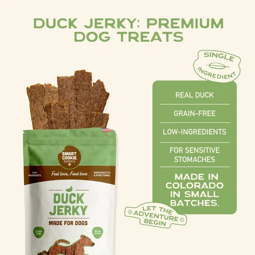 Vista 6 de Smart Cookie Duck Jerky - Golosinas para perros con semillas de lino, aceites omega, tiras hipoalergénicas para perros y cachorros con alergias