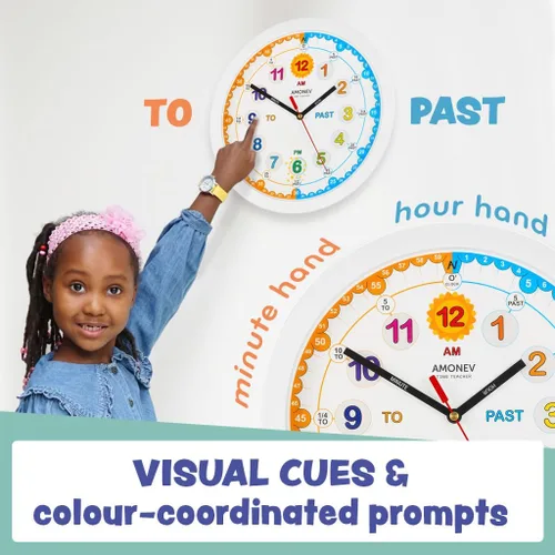 Vista 4 de Amonev Time Teacher Clock Reloj para niños, reloj analógico fácil de leer con tic silencioso. Enseñe a los niños cómo decir la hora - blanco.