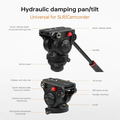 Vista 6 de VILTROX VX-18M - Trípode de video pesado con cabezal fluido VT-01, trípode de video de cabeza fluida de 74 pulgadas, pies de goma antideslizantes