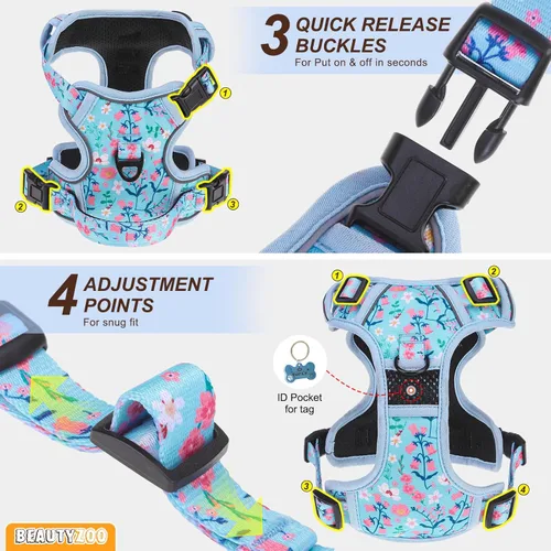 Vista 6 de BEAUTYZOO Arnés para perro sin tirones pequeño, juego de arnés y correa ajustable para perro - Fácil de usar con 3 hebillas/mango de control, arnés