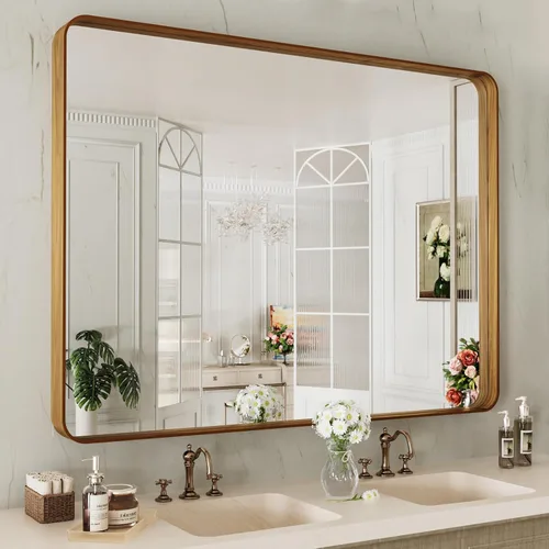 Vista 94 de LOAAO - Espejo de tocador para baño con marco de metal negro mate de 48 x 32 pulgadas para pared, rectangular, grande, redondeado, anticorrosión