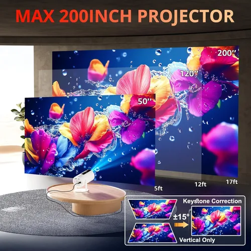 Vista 3 de Proyector con WIFI y Bluetooth, Auto Keystone 180ANSI Native 1080P Proyector portátil de película para exteriores compatible con teléfono