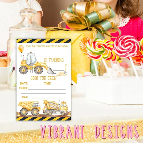 Vista 4 de Invitación de fiesta de cumpleaños de camión volquete de excavadora, tema de construcción, 4 x 6 pulgadas, 20