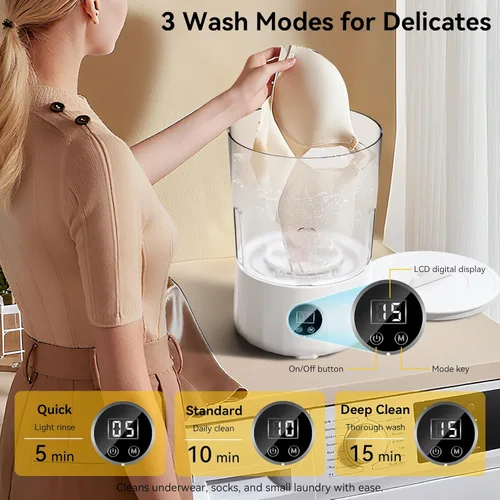 Vista 3 de Lavadora de ropa interior de 1.5 L, mini lavadora portátil recargable con 3 modos de limpieza para ropa personal, ropa interior, calcetines, ropa