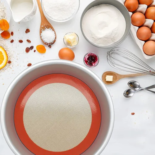 Vista 6 de Alfombrillas de silicona para hornear, 2 alfombrillas redondas de silicona para molde de pasteles de 9 pulgadas, antiadherentes reutilizables