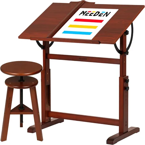 MEEDEN Juego de mesa de dibujo y taburete de madera vintage, silla de dibujo para artistas y mesa de manualidades con altura ajustable, mesa de