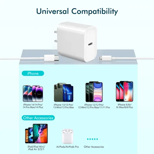 Vista 6 de Cargador rápido para iPhone [certificado Apple MFi] Cable Lightning de carga rápida extra largo de 10 pies con bloque de cargador USB C de 20 W PD