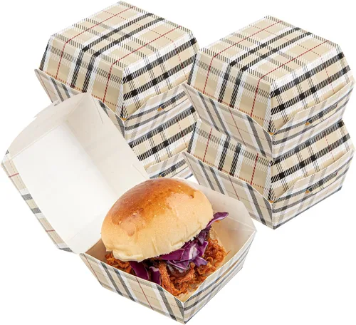 Vista 32 de Restaurantware Mini cajas de hamburguesas de 2.8 x 2.8 x 2 pulgadas, 100 recipientes de comida con tapa con bisagras, cajas desechables de papel