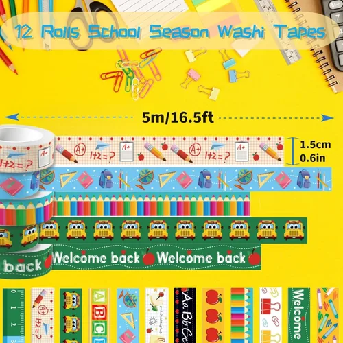 Vista 3 de HLARTNET Cinta adhesiva Washi para el regreso a clases, 12 rollos de cinta adhesiva colorida Washi para el primer día de escuela, calcomanías