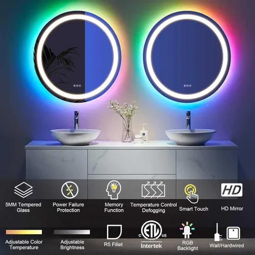 Vista 3 de Espejo de baño LED, espejo de tocador de baño iluminado inteligente, control táctil, antivaho, función de memoria, espejo de tocador retroiluminado