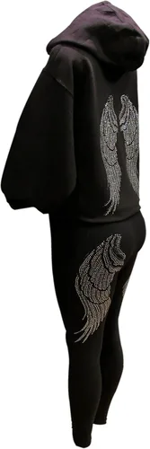 Vista 6 de Plata y Negro Rhinestone alas de ángel manga larga Capucha cierre Suéter Negro