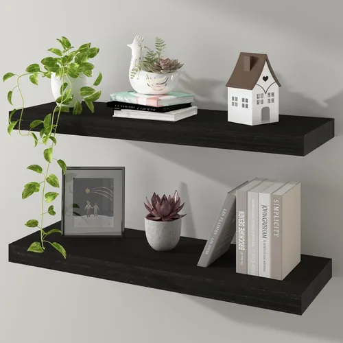 Vista 9 de Estantes flotantes de pared de madera maciza, almacenamiento para dormitorio, sala de estar, juego de 3, estantes de pared negros rústicos