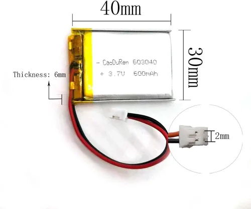 Vista 3 de Batería recargable de iones de polímero de litio Li Lipo de 3.7V con conector JST de 2 pines de 0.079 in/0.049 in (603040 600mAh 2.0Jst)