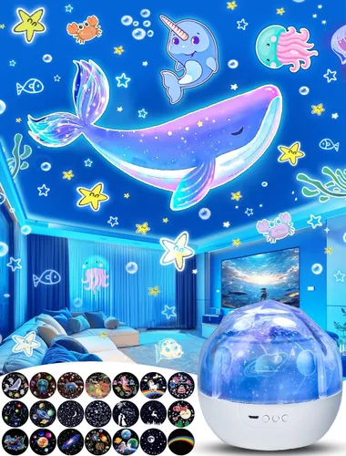 Luz nocturna para niños + 21 juegos de películas, proyector de luz nocturna para dormitorio, techo, proyector nocturno para bebés y niñas con