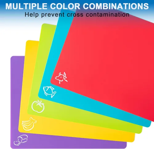 Vista 4 de 5 alfombrillas de plástico flexibles para tabla de cortar con iconos de alimentos, tablas de cortar sin BPA para cocina, alfombrilla de corte