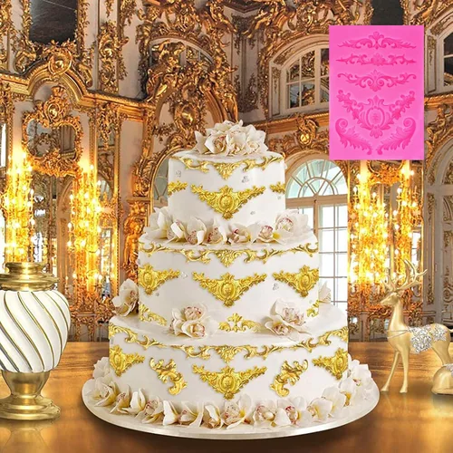 Vista 4 de Moldes de silicona para fondant de encaje de estilo barroco, 7 piezas, molde de flores de alivio, molde de filigrana esculpido en 3D para decoración