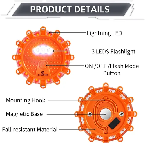 Vista 4 de Kit de bengalas LED de carretera para emergencia, kit de luces de emergencia para carretera con base magnética para vehículos y barcos 9 modos