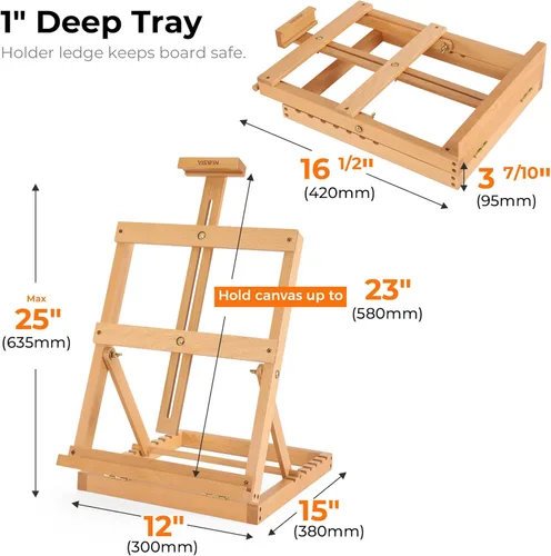 Vista 3 de VISWIN Caballete de mesa resistente para pintar, caballete de mesa ajustable de madera de haya, sostiene lienzo de hasta 23 pulgadas, caballete