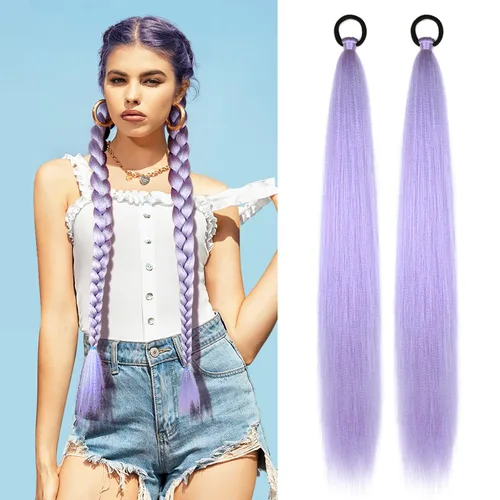 Vista 11 de Paquete de 2 extensiones de cola de caballo trenzada con lazo elástico, lacio, elegante envolvente, extensiones de cola de caballo de 26 pulgadas