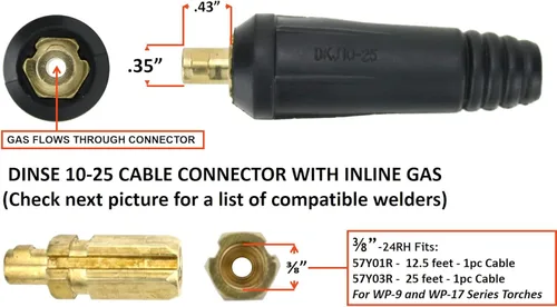 Vista 2 de SÜA - Enchufe Dinse 10-25, Gasolina INLINE, con conexión de cable de 3/8''-24 para antorchas TIG de PC Serie 9 y 17 - Modelo: LDTSI-917F