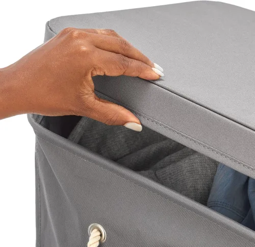 Vista 4 de mDesign Cesta grande de poliéster con ruedas, tapa extraíble y asas de transporte de cuerda, cestas plegables con ruedas para almacenamiento Gris