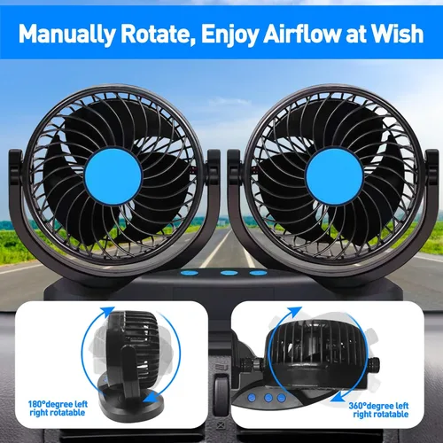 Vista 4 de Ventilador de coche de 2 V, ventilador de enfriamiento automático portátil de 5 pulgadas, doble cabezal ajustable giratorio de 360°, enchufe