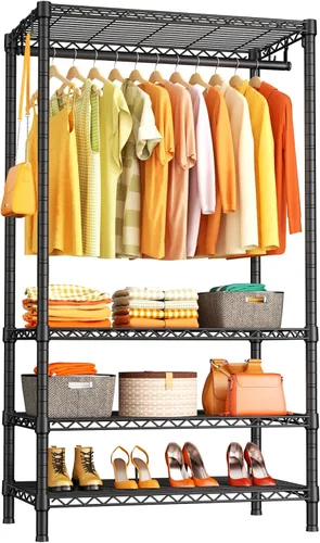 Vista 9 de Ulif H2 - Perchero resistente para ropa de 4 niveles independiente, estante para colgar ropa con estantes y perchas, organizador de clóset y sistema