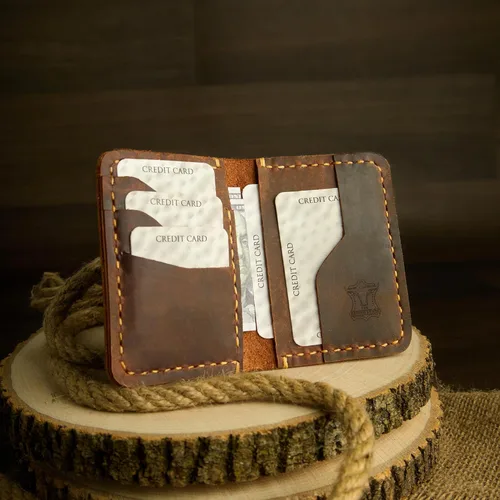 Vista 2 de Cartera de cuero hecha a mano, billetera de cuero minimalista, billetera plegable, billetera de bolsillo frontal, tarjetero de cuero hecho a mano
