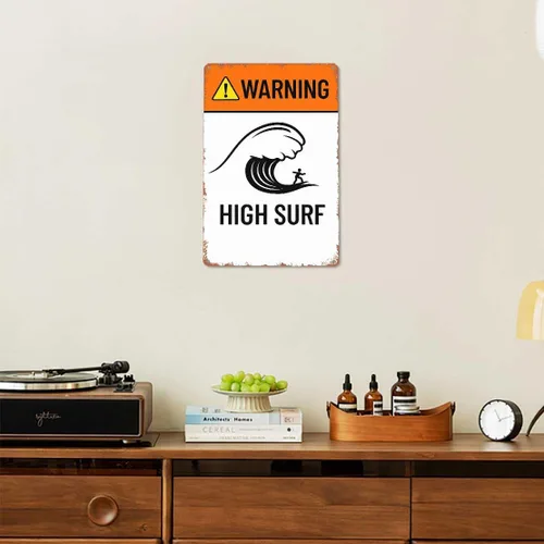Vista 5 de Retro Metal Sign High Surf, Warning High Surf, Ocean Decor, Waves,Text Art Poster Home Wall Decor, For Bedroom, Living Room, Bar