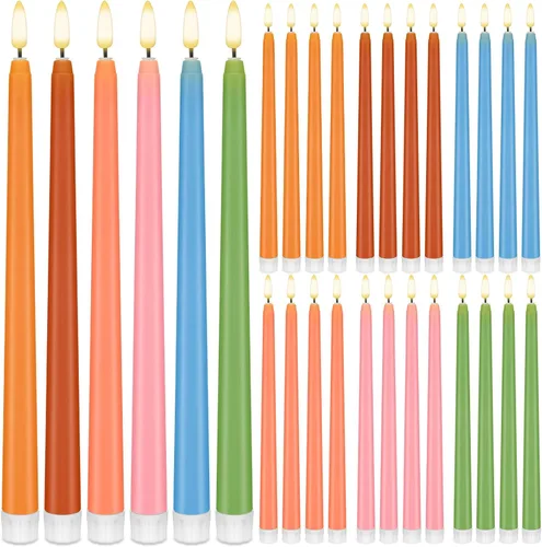 Vista 8 de Baquler 24 Piezas Velas Cónicas Sin Llama de 11'' de Navidad Azules Operadas con Batería Velas LED de Plástico con Degradado Parpadeante Candeleros