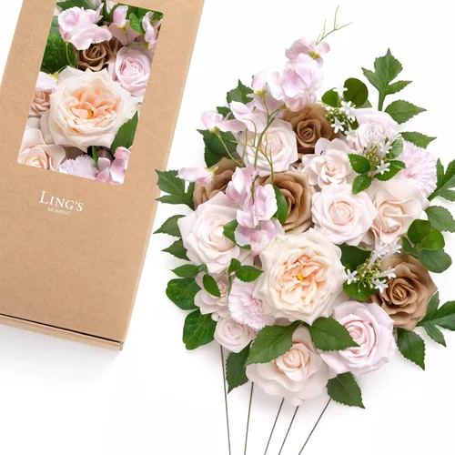 Vista 7 de Ling's moment Caja de flores falsas, tallos de vegetación artificiales artificiales, rosas de espuma, anturios, orquídea de seda, hoja de palmera