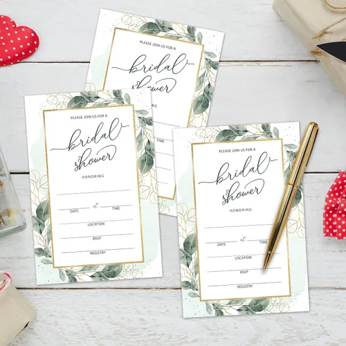 Vista 3 de Juego de 25 invitaciones de eucalipto para despedida de soltera con sobres, invitaciones de vegetación para despedida de soltera, invitaciones