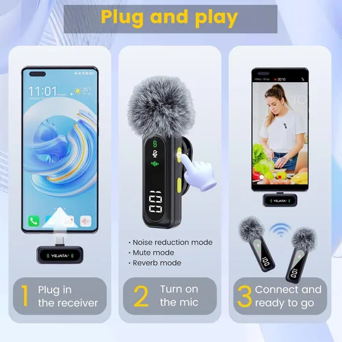 Vista 7 de Micrófono Lavalier inalámbrico con pantalla digital de batería con cancelación de ruido omnidireccional de 360°, clip giratorio de rango de 100 pies