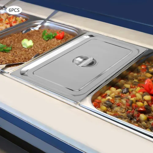 Vista 2 de Paquete de 6 tapas de mesa de vapor de acero inoxidable de tamaño 11, cubierta sólida de sartén de hotel con asa para sartén de alimentos al vapor