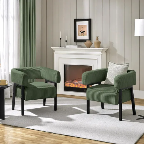 Vista 10 de Yaheetech Juego de 2 Sillas de Acento de Pana Tipo Barril, Sillón Tapizado Moderno con Patas de Madera Maciza, Cómoda Silla de Descanso con Asiento