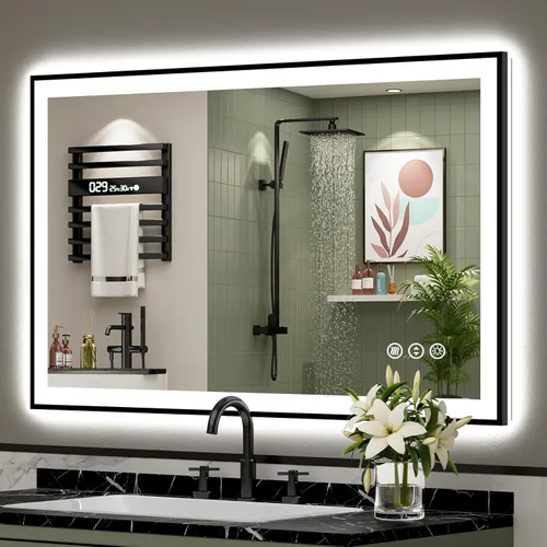 Vista 24 de Espejo de baño LED de 48 x 30 pulgadas con luces, retroiluminado + frontal iluminado, espejo de tocador con luz antiniebla para pared de baño con 3