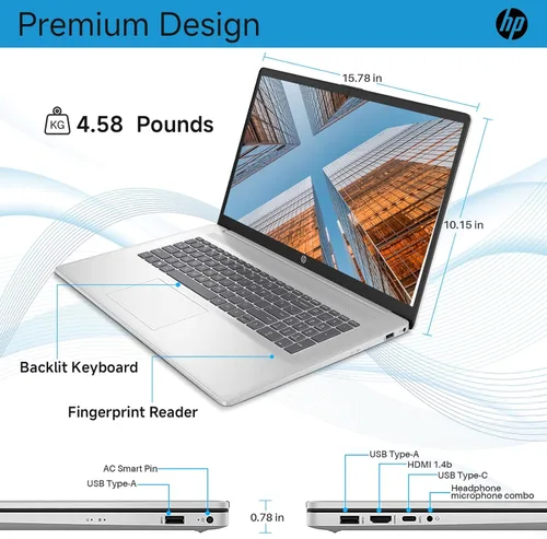 Vista 6 de HP Computadora portátil 17, pantalla HD+ de 17.3", Intel Core i5-1334U, 32 GB de RAM, SSD de 1 TB, huella digital, Windows 11 Pro, plata natural