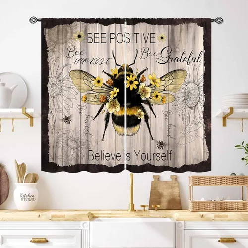 Vista 35 de Cortinas rústicas de cocina de girasol, tablón de madera de campo de campo amarillo, floral, abeja, libélula mariposa, retro, casa rural, Girasol-11
