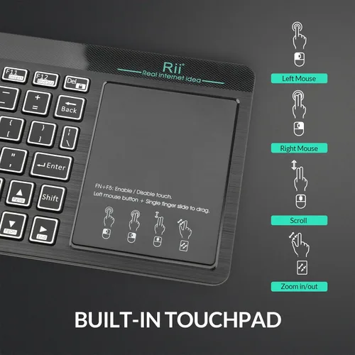 Vista 3 de Rii RT518S - Teclado multifuncional inalámbrico y Bluetooth con retroiluminación de 2 LED de color, modo dual, trackpad multitáctil de gran