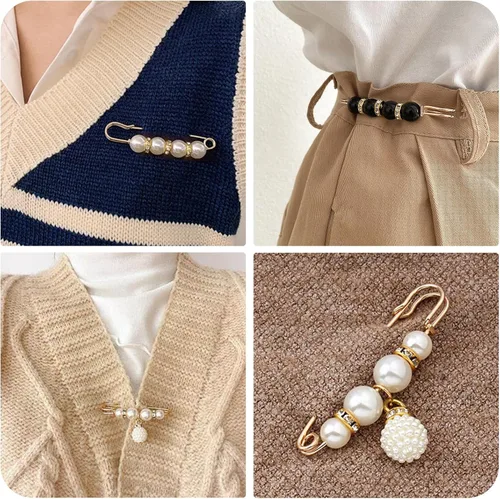 Vista 5 de 8 piezas de broches de perlas, pines de seguridad para ropa, pantalones de vestir, falda, cárdigan, collar, broches de perlas de imitación