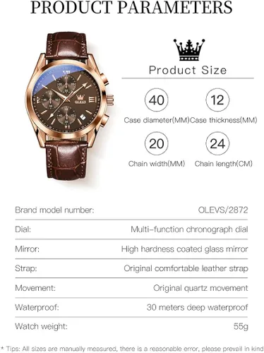 Vista 4 de OLEVS Reloj cronógrafo de cuarzo para hombre correa de cuero dorada con fecha de día reloj de pulsera de acero inoxidable impermeable relojes