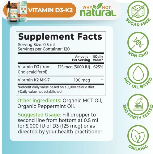 Vista 5 de Why Not Natural Gotas líquidas orgánicas de vitamina D3 K2 (MK-7), 5000 UI de D3 sublingual con aceite de coco MCT, para huesos y dientes fuertes