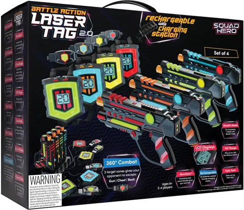 Juego de etiquetas láser recargables + innovadoras LCD y sincronización – Pack de 4 pistolas de infrarrojos y chalecos – Juguetes de grupo y juegos